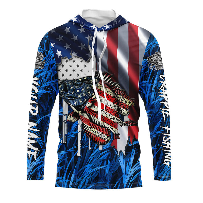American flag patriot Crappie blue camo fishing, custom long sleeve sun protection fishing NQS7987