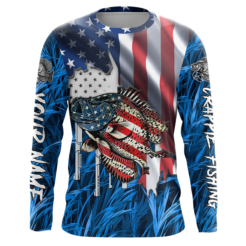 American flag patriot Crappie blue camo fishing, custom long sleeve sun protection fishing NQS7987