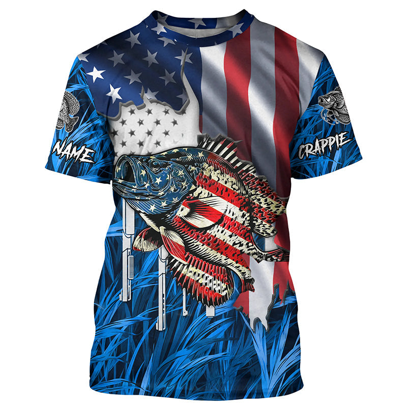 American flag patriot Crappie blue camo fishing, custom long sleeve sun protection fishing NQS7987