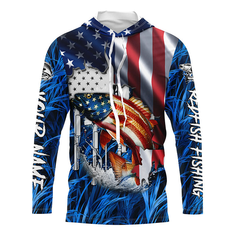 American flag patriot Redfish blue camo fishing, custom long sleeve sun protection fishing NQS7988