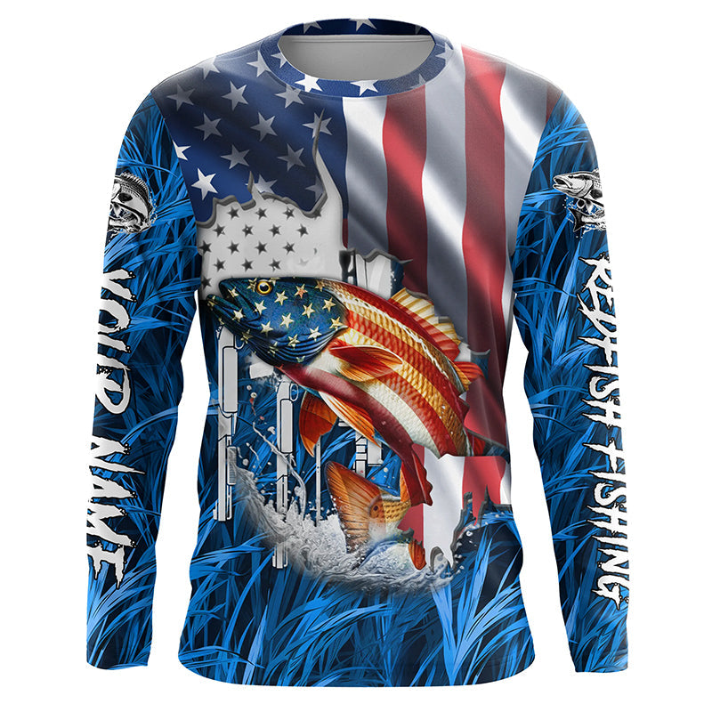American flag patriot Redfish blue camo fishing, custom long sleeve sun protection fishing NQS7988