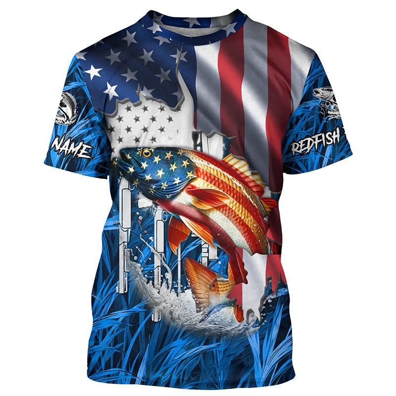 American flag patriot Redfish blue camo fishing, custom long sleeve sun protection fishing NQS7988