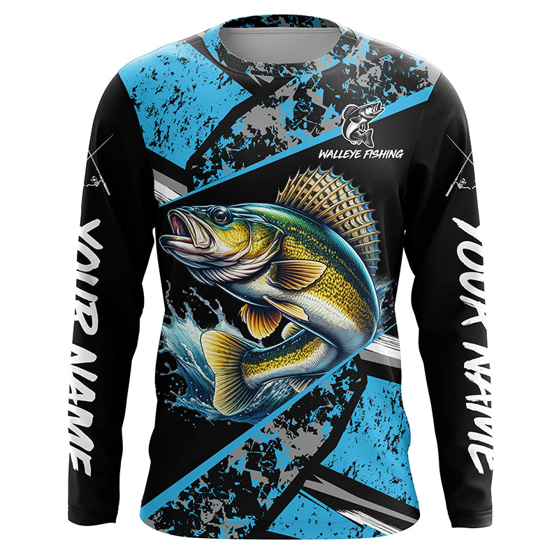 Walleye fishing Blue camo Long Sleeve Performance Fishing custom Walleye fishing NQS7990