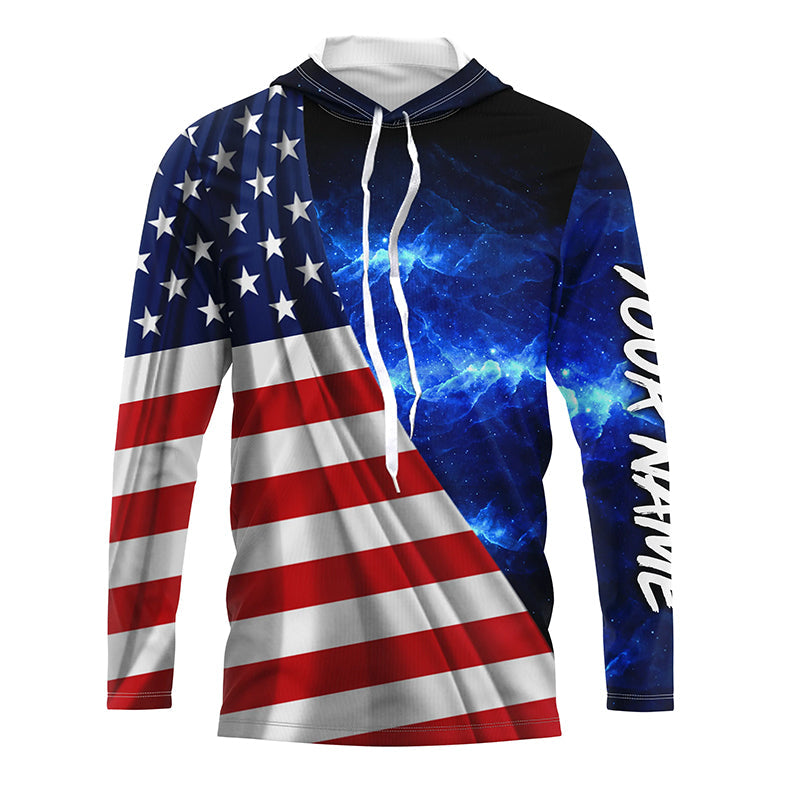 American Flag Universe patriotic Custom name blue galaxy UV protection long sleeve NQS5409