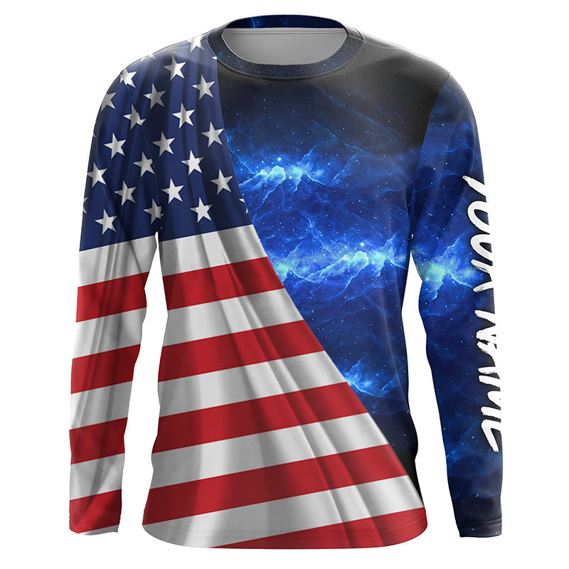 American Flag Universe patriotic Custom name blue galaxy UV protection long sleeve NQS5409