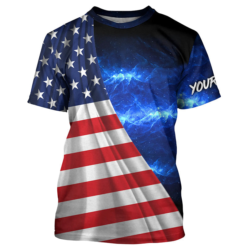 American Flag Universe patriotic Custom name blue galaxy UV protection long sleeve NQS5409