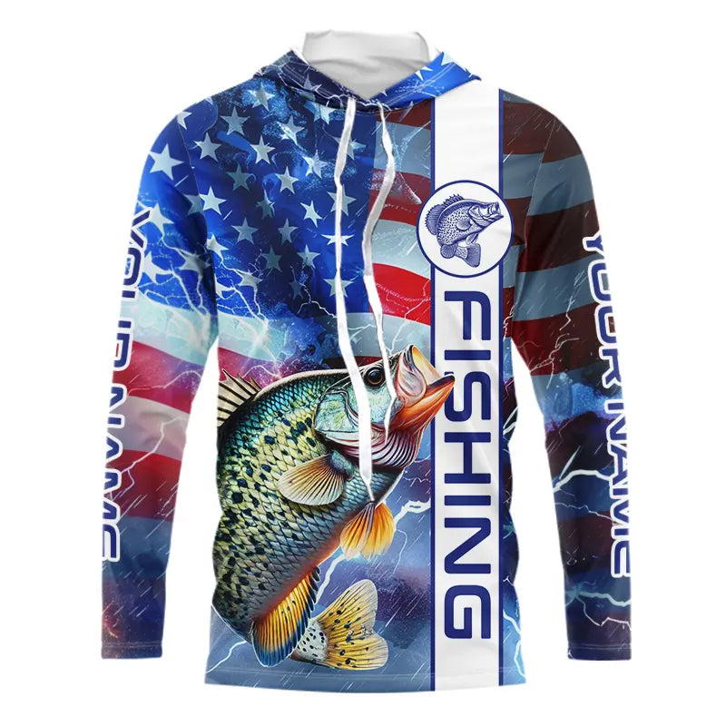 American flag Crappie lingtning Long Sleeve Fishing custom Patriotic Crappie fishing NQS9472