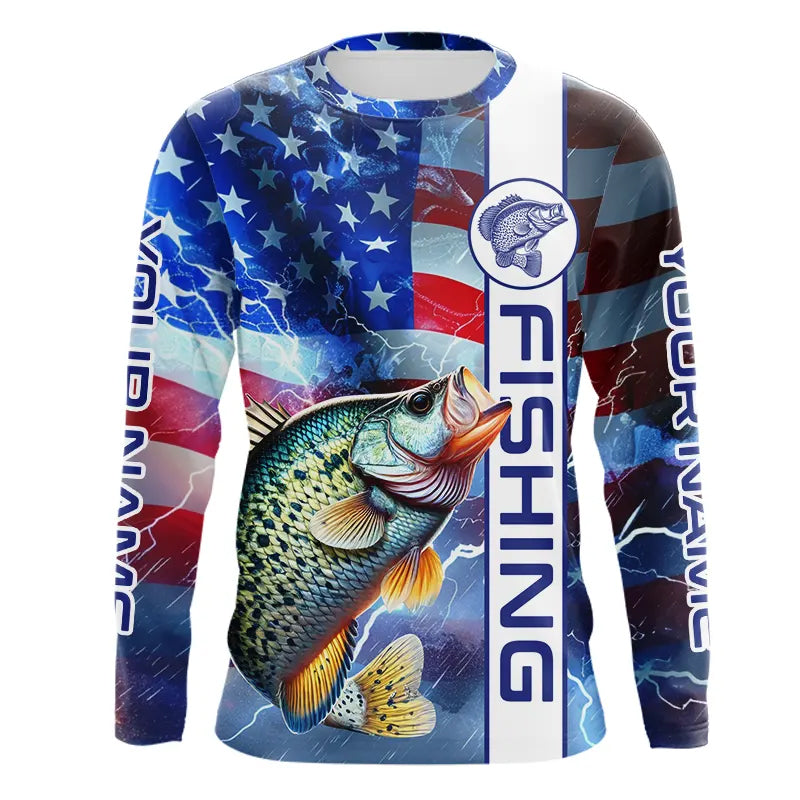 American flag Crappie lingtning Long Sleeve Fishing custom Patriotic Crappie fishing NQS9472