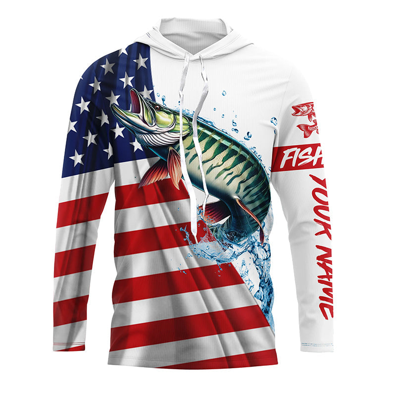 American flag patriotic Musky fishing Custom Name UV Protection long sleeve Fishing NQS5416