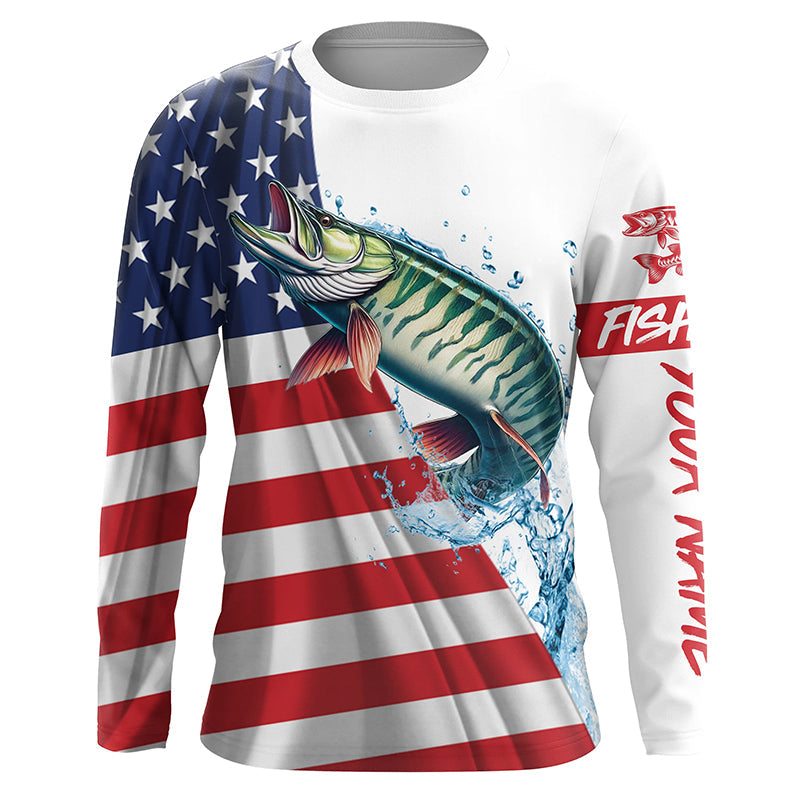 American flag patriotic Musky fishing Custom Name UV Protection long sleeve Fishing NQS5416