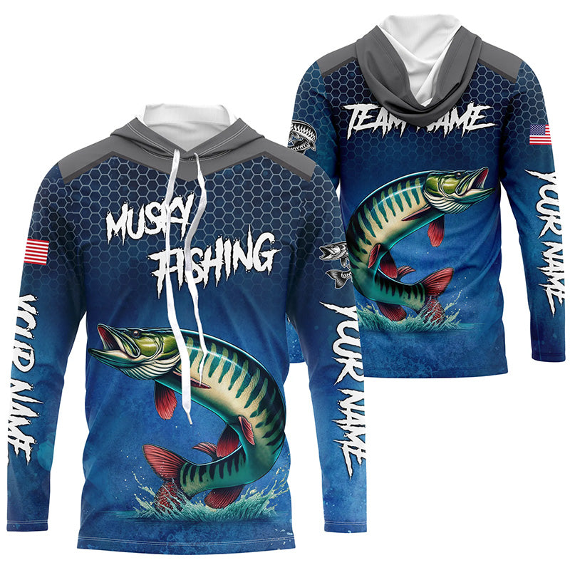 Blue camo Musky fishing Custom performance long sleeve team Muskellunge fishing tournament NQS7771