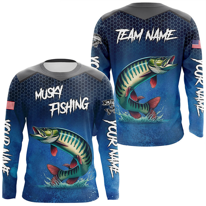 Blue camo Musky fishing Custom performance long sleeve team Muskellunge fishing tournament NQS7771