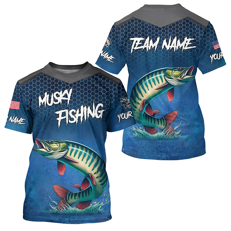 Blue camo Musky fishing Custom performance long sleeve team Muskellunge fishing tournament NQS7771