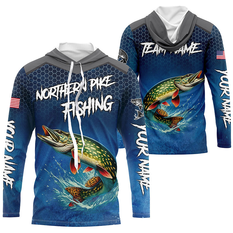 Blue camo Northern Pike fishing Custom performance long sleeve team Pike fishing tournament NQS7772