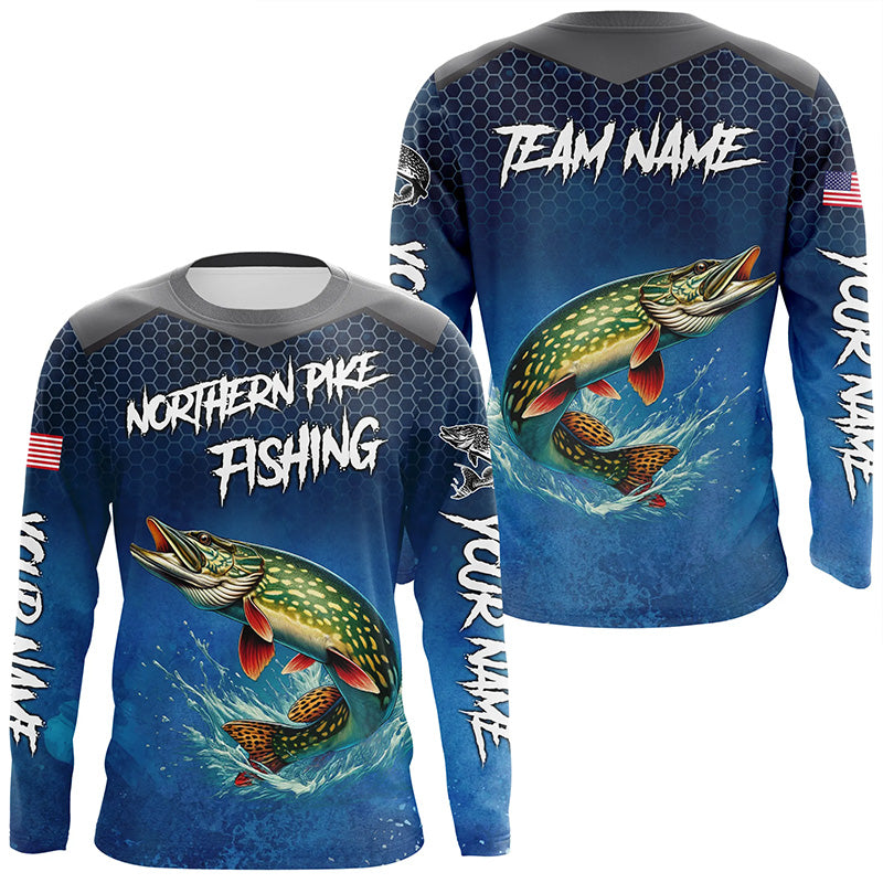 Blue camo Northern Pike fishing Custom performance long sleeve team Pike fishing tournament NQS7772