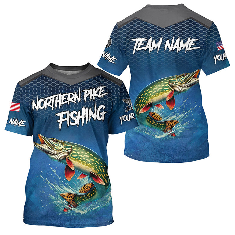 Blue camo Northern Pike fishing Custom performance long sleeve team Pike fishing tournament NQS7772