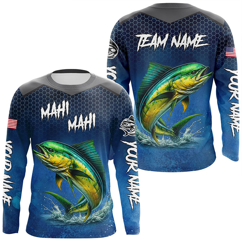 Blue camo Mahi mahi fishing Custom performance long sleeve team Dorado fishing tournament NQS7774