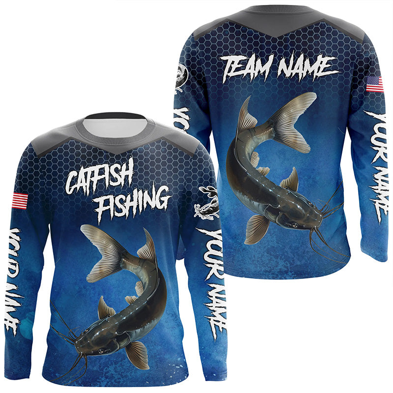 Blue camo Catfish fishing Custom performance long sleeve team Catfish fishing tournament NQS7775