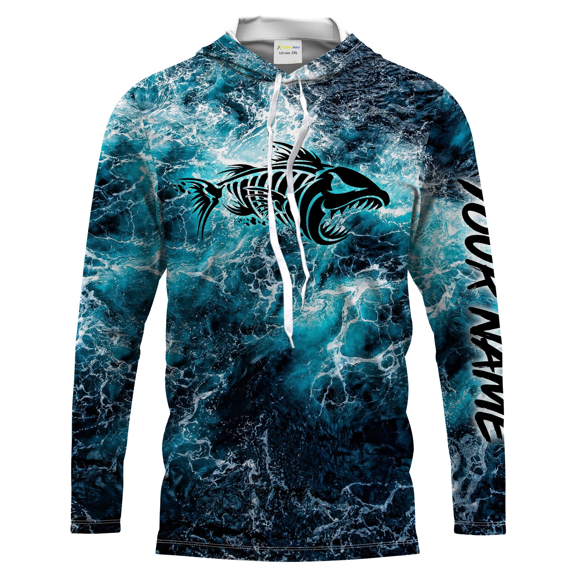 Custom blue ocean fish bone Saltwater Long sleeve Fishing UV Protection, Sea wave camo Fishing - NQS2068