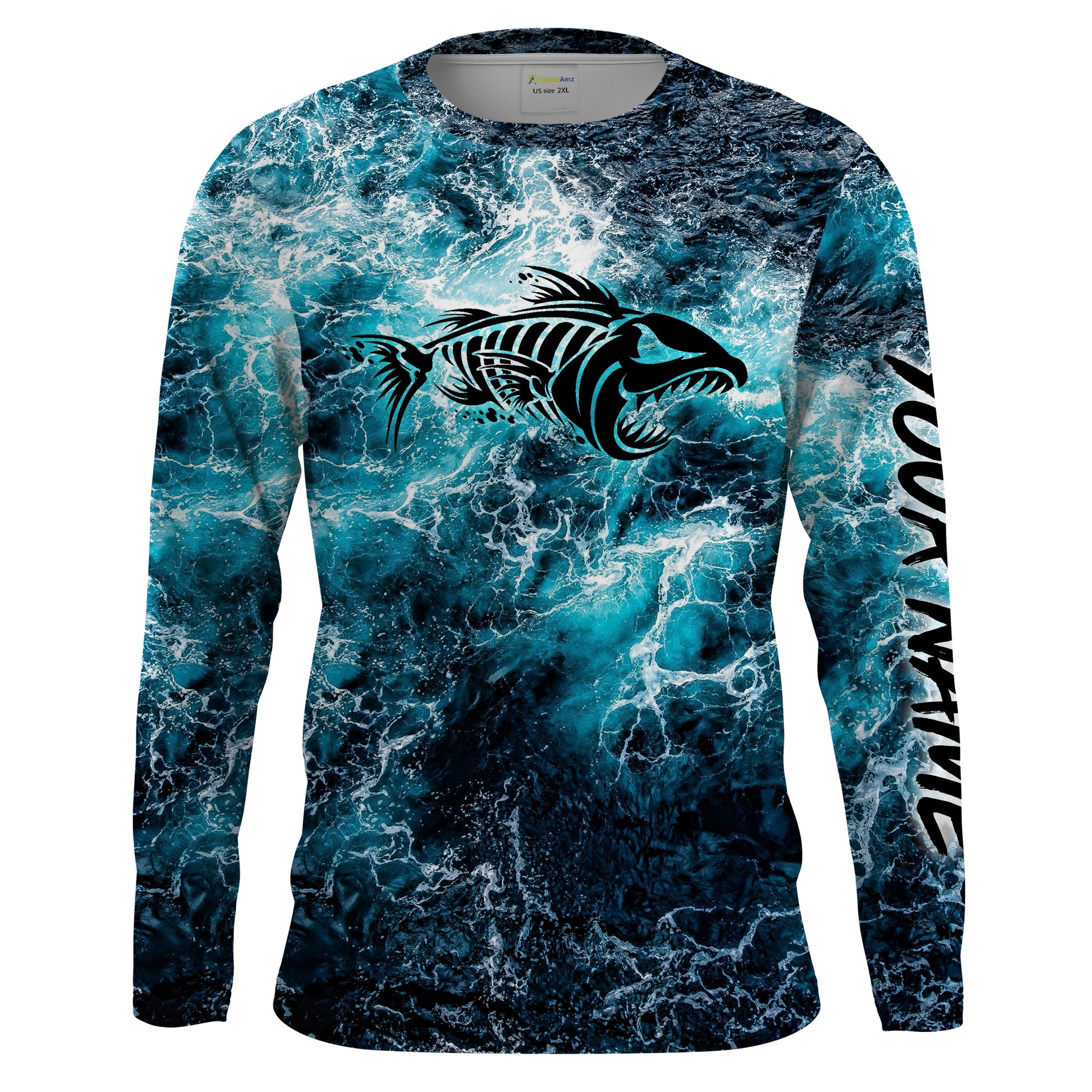 Custom blue ocean fish bone Saltwater Long sleeve Fishing UV Protection, Sea wave camo Fishing - NQS2068
