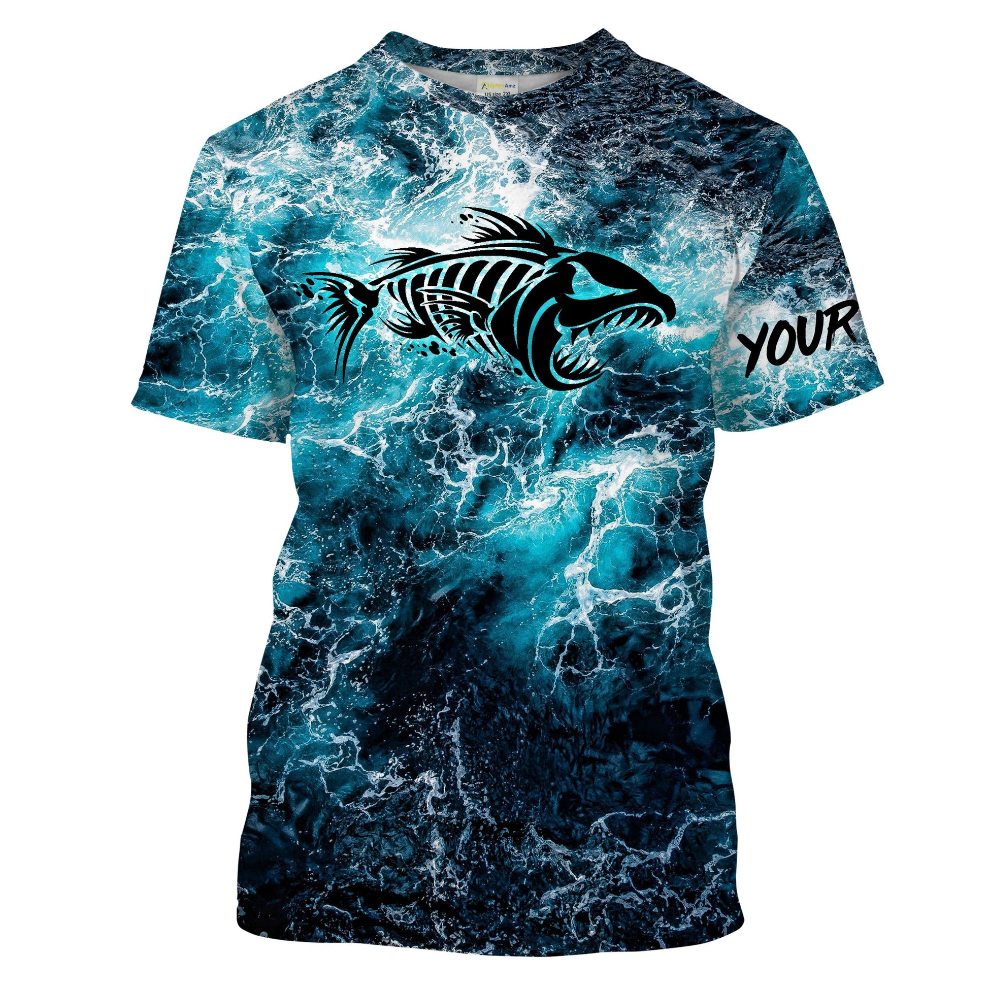 Custom blue ocean fish bone Saltwater Long sleeve Fishing UV Protection, Sea wave camo Fishing - NQS2068