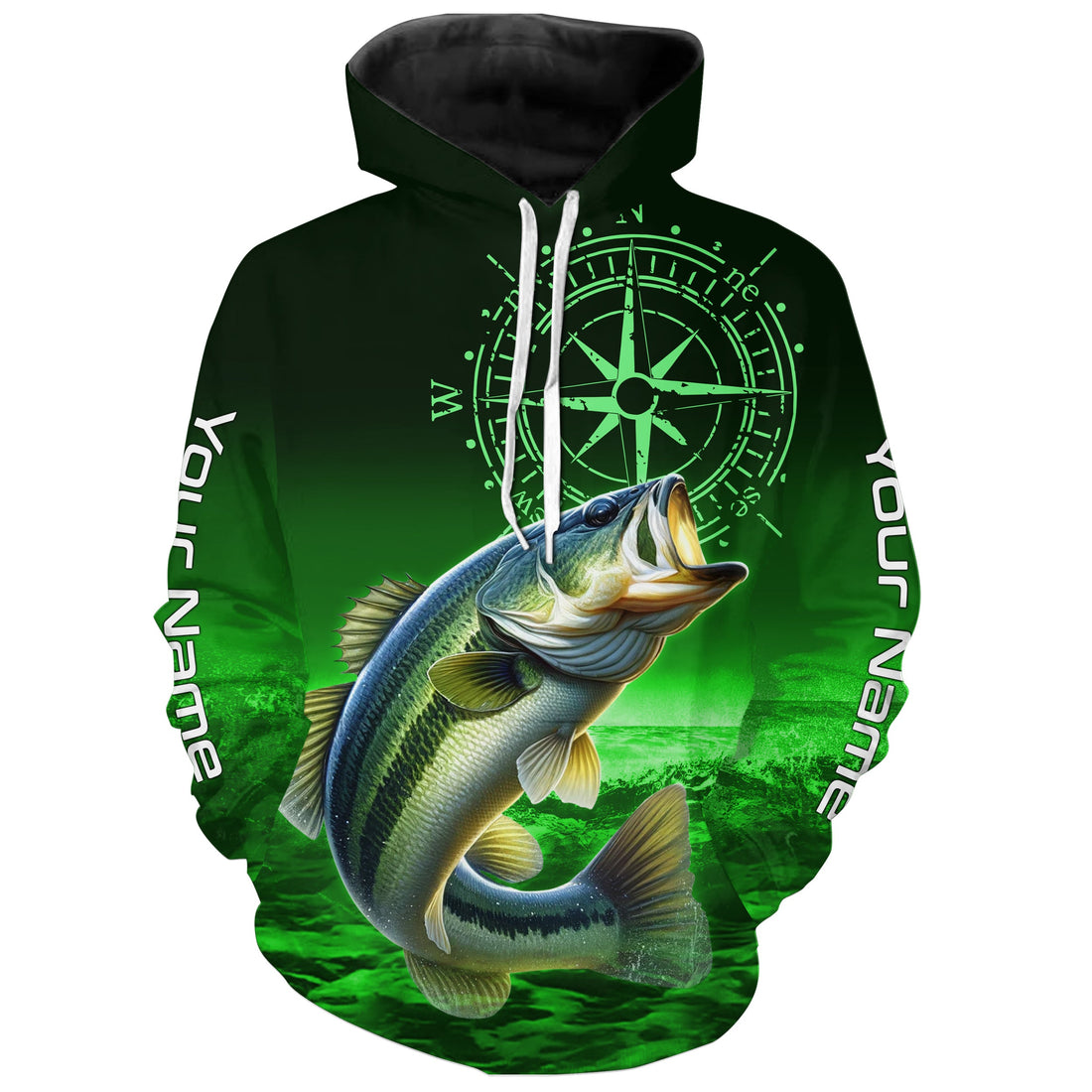 Personalized Bass Green Long Sleeve Performance Fishing, Bass compass tournament NQS5881