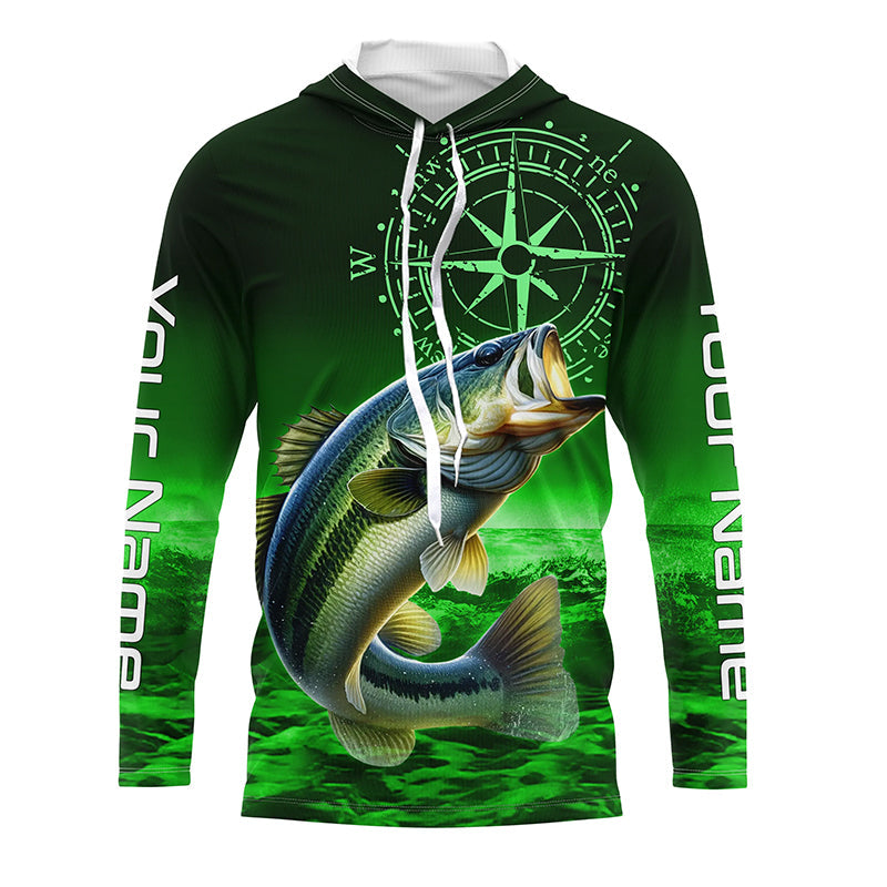 Personalized Bass Green Long Sleeve Performance Fishing, Bass compass tournament NQS5881