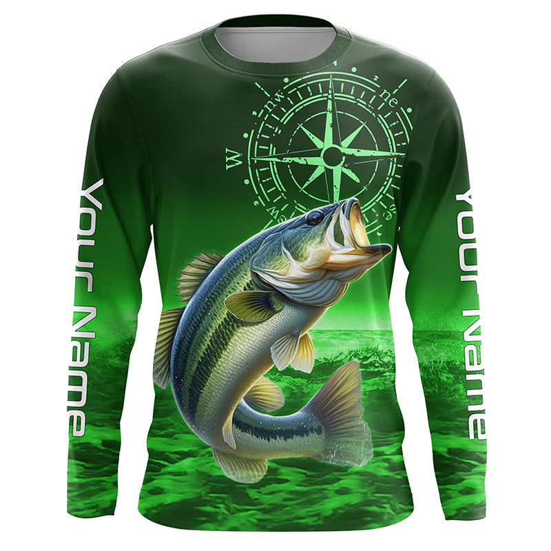 Personalized Bass Green Long Sleeve Performance Fishing, Bass compass tournament NQS5881