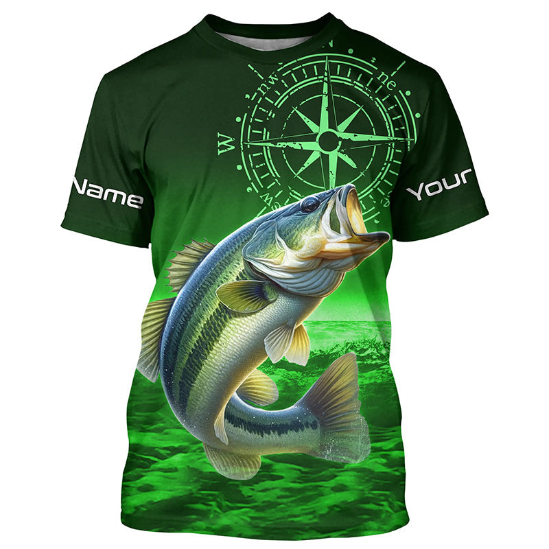 Personalized Bass Green Long Sleeve Performance Fishing, Bass compass tournament NQS5881