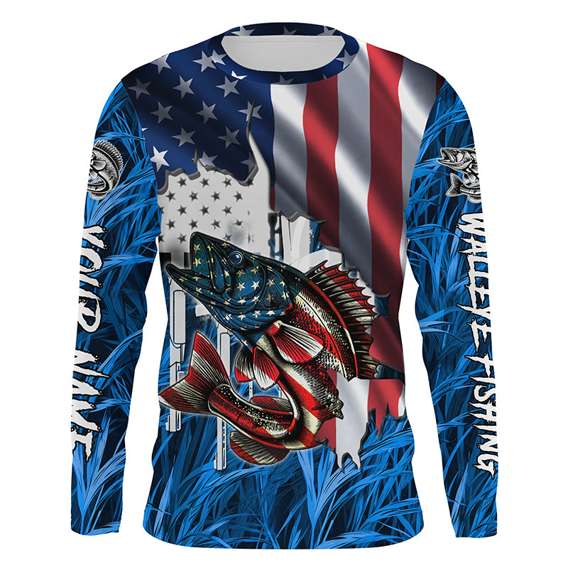 American flag patriot Walleye blue camo fishing, custom long sleeve sun protection fishing NQS4709