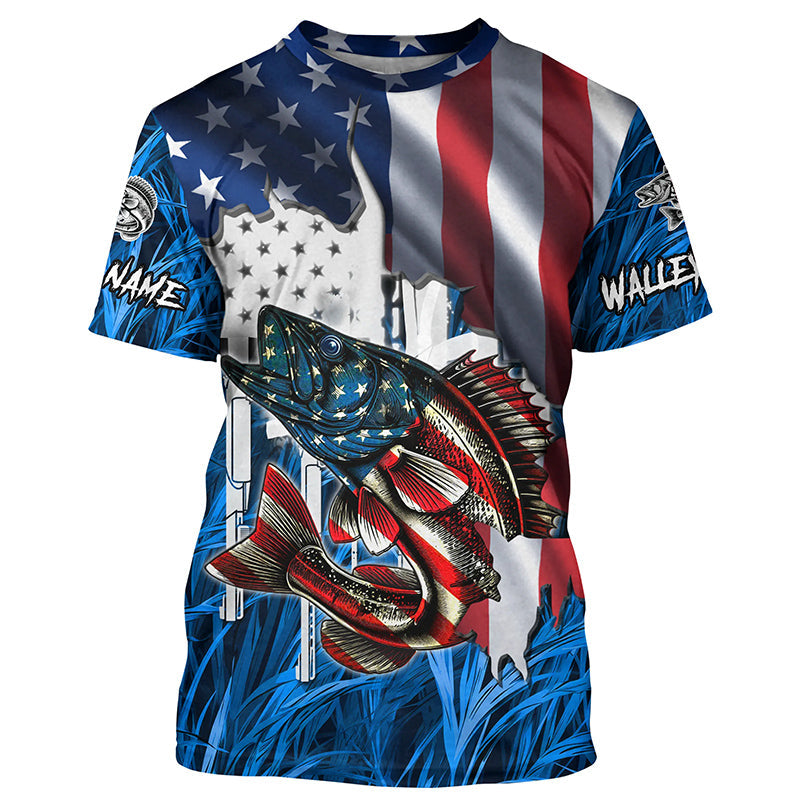 American flag patriot Walleye blue camo fishing, custom long sleeve sun protection fishing NQS4709