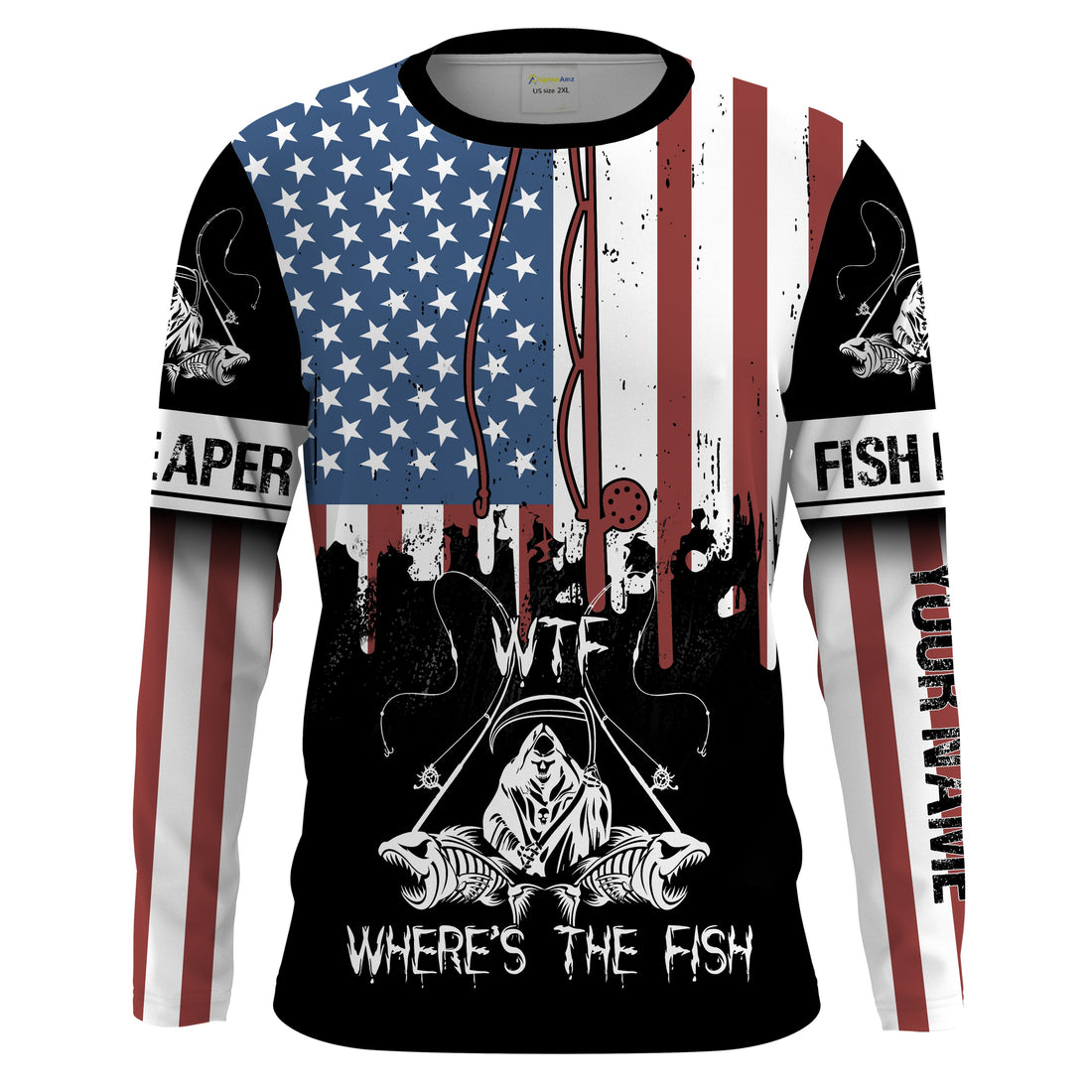Fish reaper American flag patriotic wtf where's the fish Long Sleeve fishing Custom fishing gift NQS1774