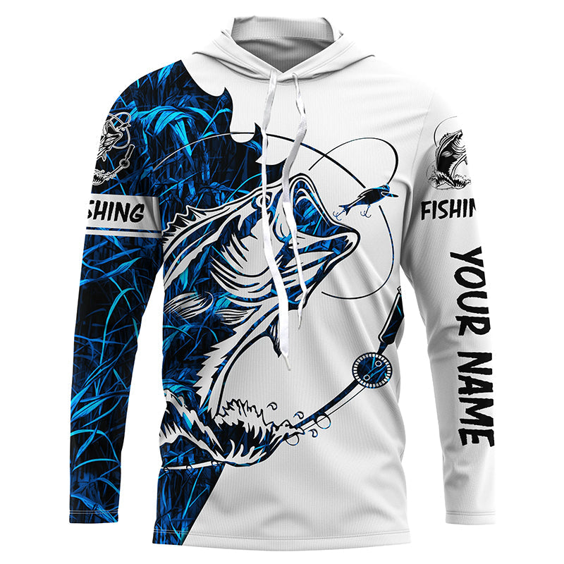 Blue camo Largemouth Bass fishing Custom name Long Sleeve fishing, women, Kid NQSD88