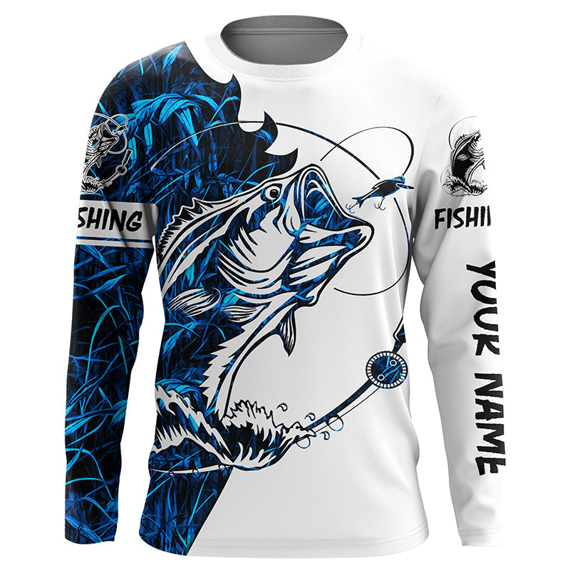 Blue camo Largemouth Bass fishing Custom name Long Sleeve fishing, women, Kid NQSD88
