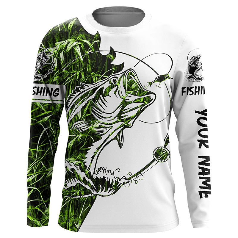 Green camo Largemouth Bass fishing Long Sleeve Custom fishing, women, Kid NQSD89