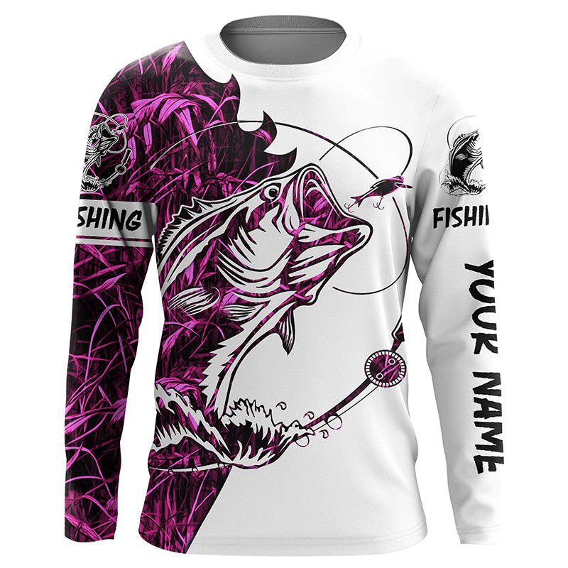Pink camo Largemouth Bass fishing for girl Long Sleeve personalized fishing NQSD90