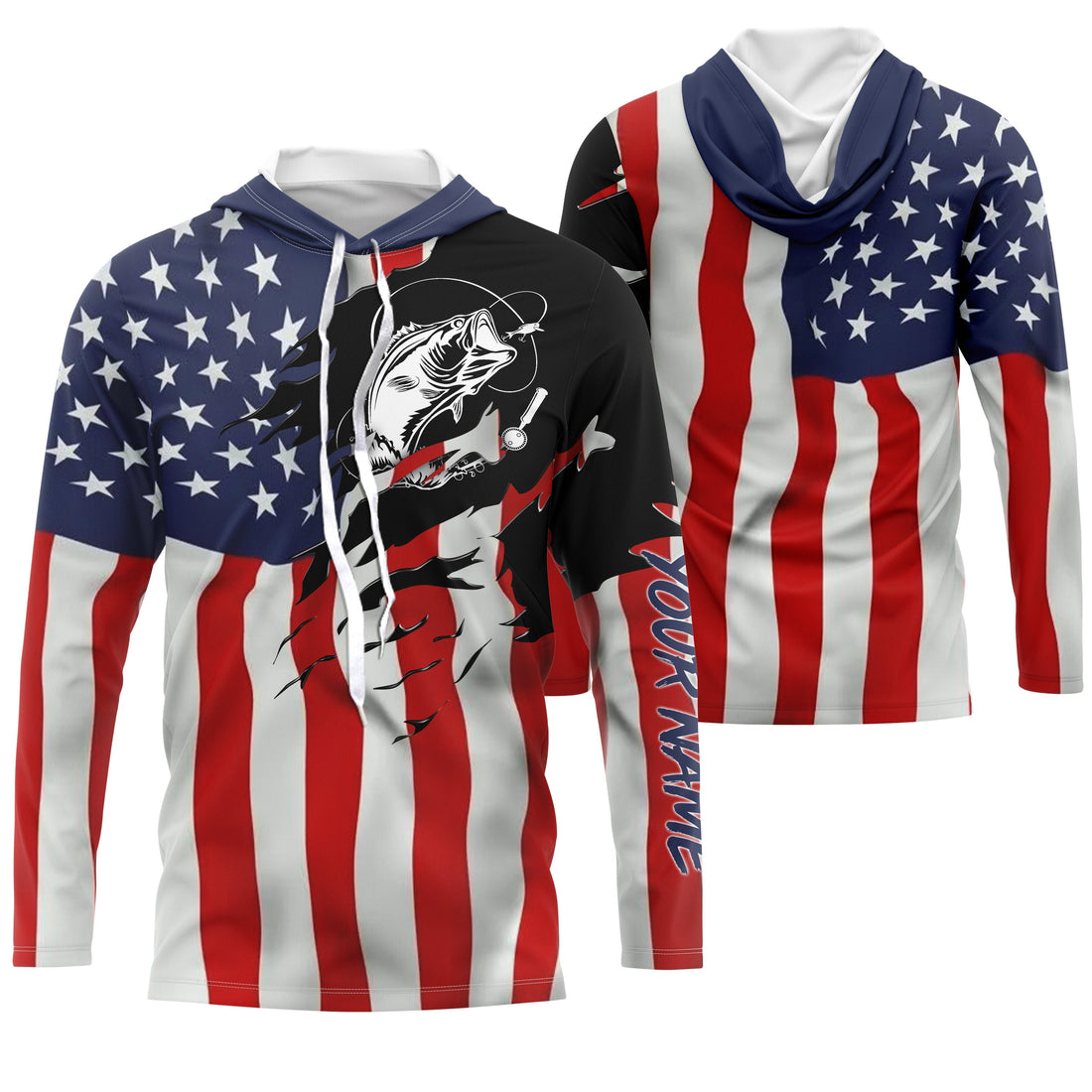 Largemouth bass fishing tattoos American flag patriotic fishing Custom Name 3D tournament fishing UV protection UPF 30+ NQS2797
