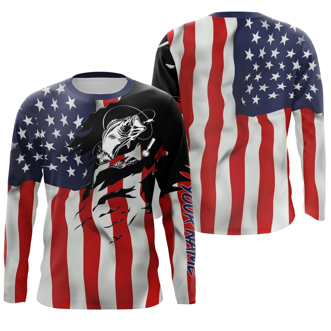 Largemouth bass fishing tattoos American flag patriotic fishing Custom Name 3D tournament fishing UV protection UPF 30+ NQS2797