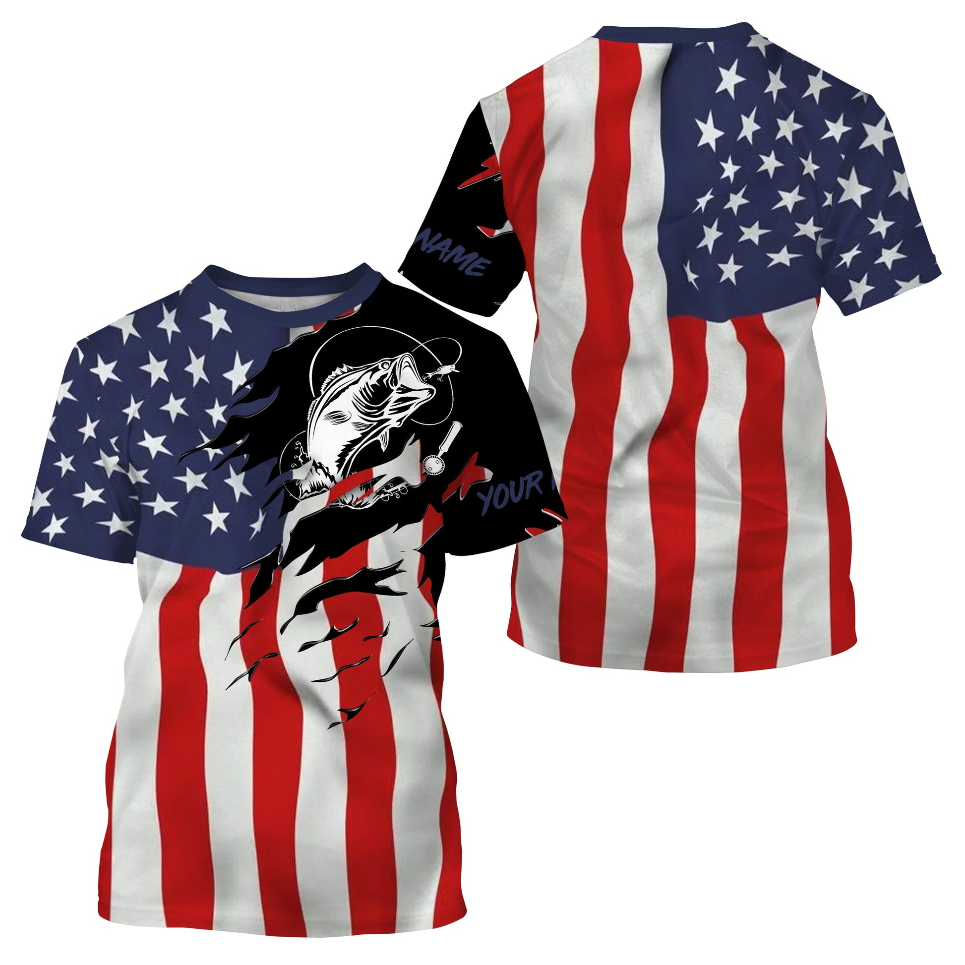 Largemouth bass fishing tattoos American flag patriotic fishing Custom Name 3D tournament fishing UV protection UPF 30+ NQS2797