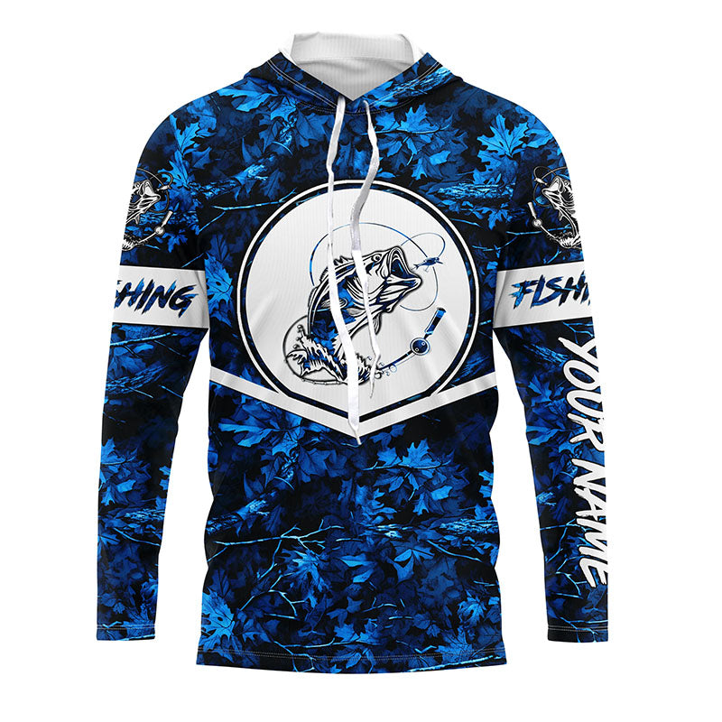 Largemouth Bass fishing blue camo personalized fishing apparel UV protection custom name fishing NQS1412