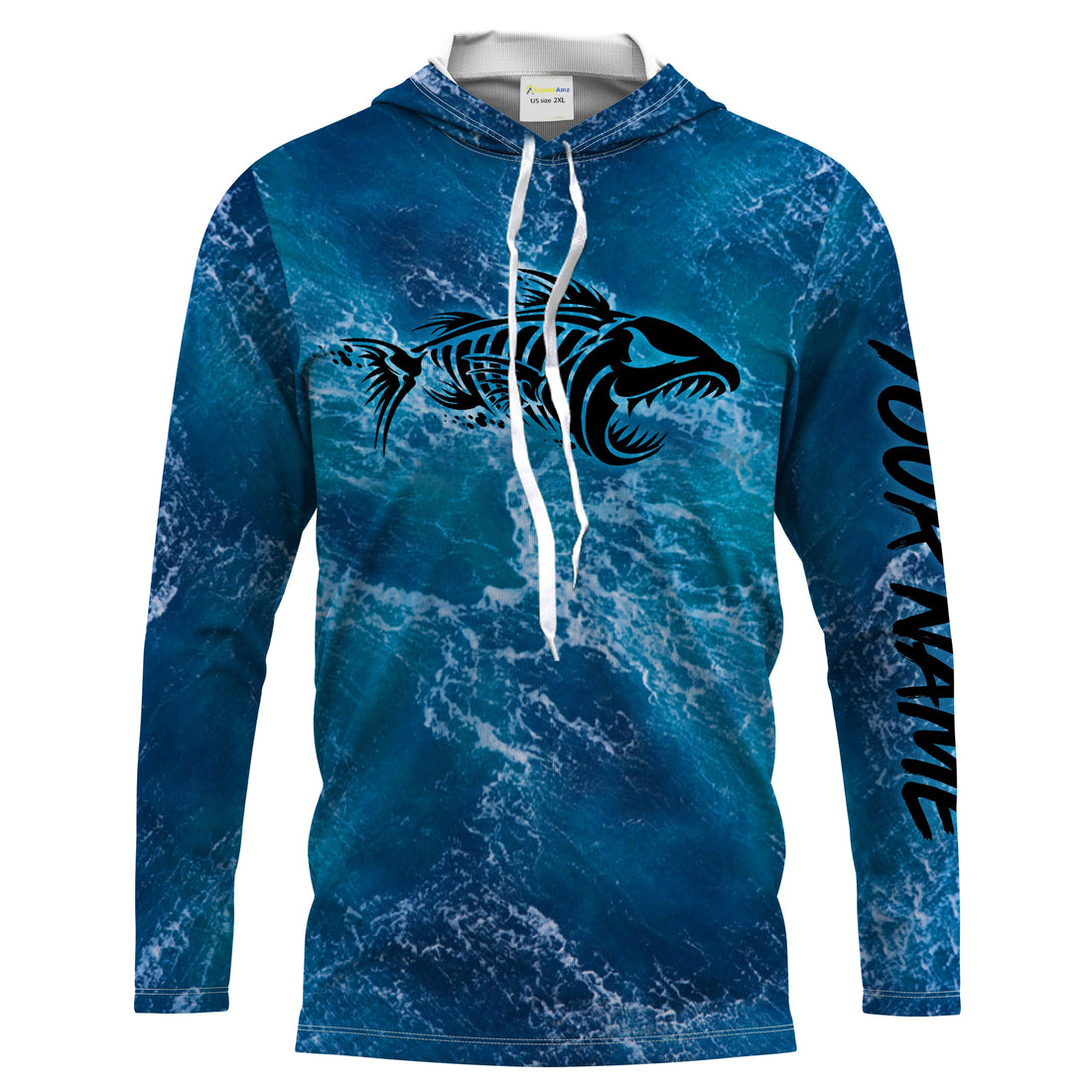 Custom blue ocean fish bone Saltwater Long sleeve Fishing UV Protection, Sea wave camo Fishing - NQS2079