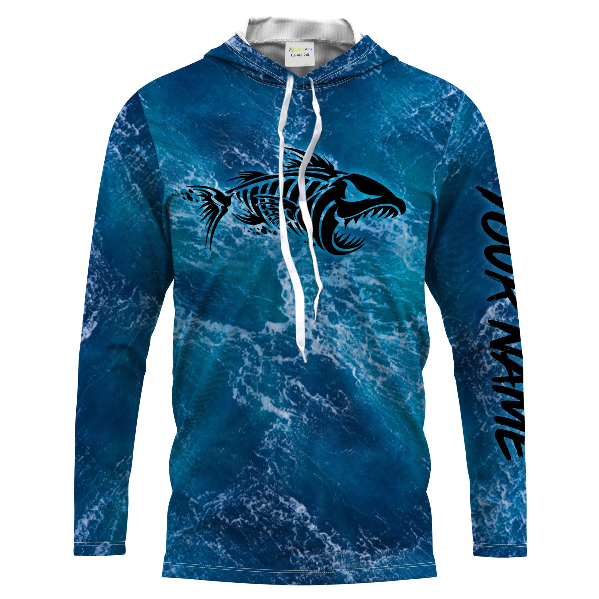 Custom blue ocean fish bone Saltwater Long sleeve Fishing UV Protection, Sea wave camo Fishing - NQS2079