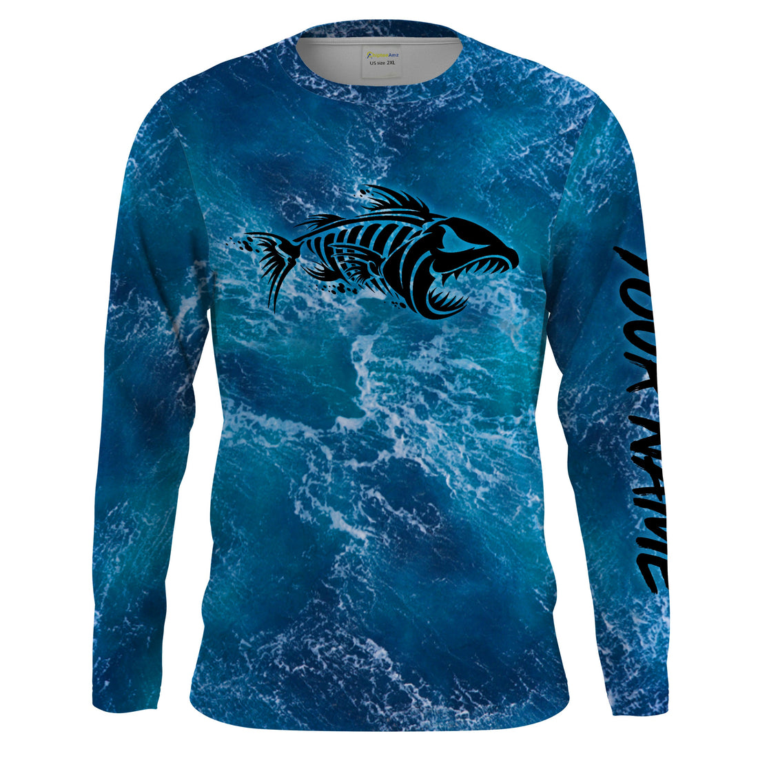Custom blue ocean fish bone Saltwater Long sleeve Fishing UV Protection, Sea wave camo Fishing - NQS2079