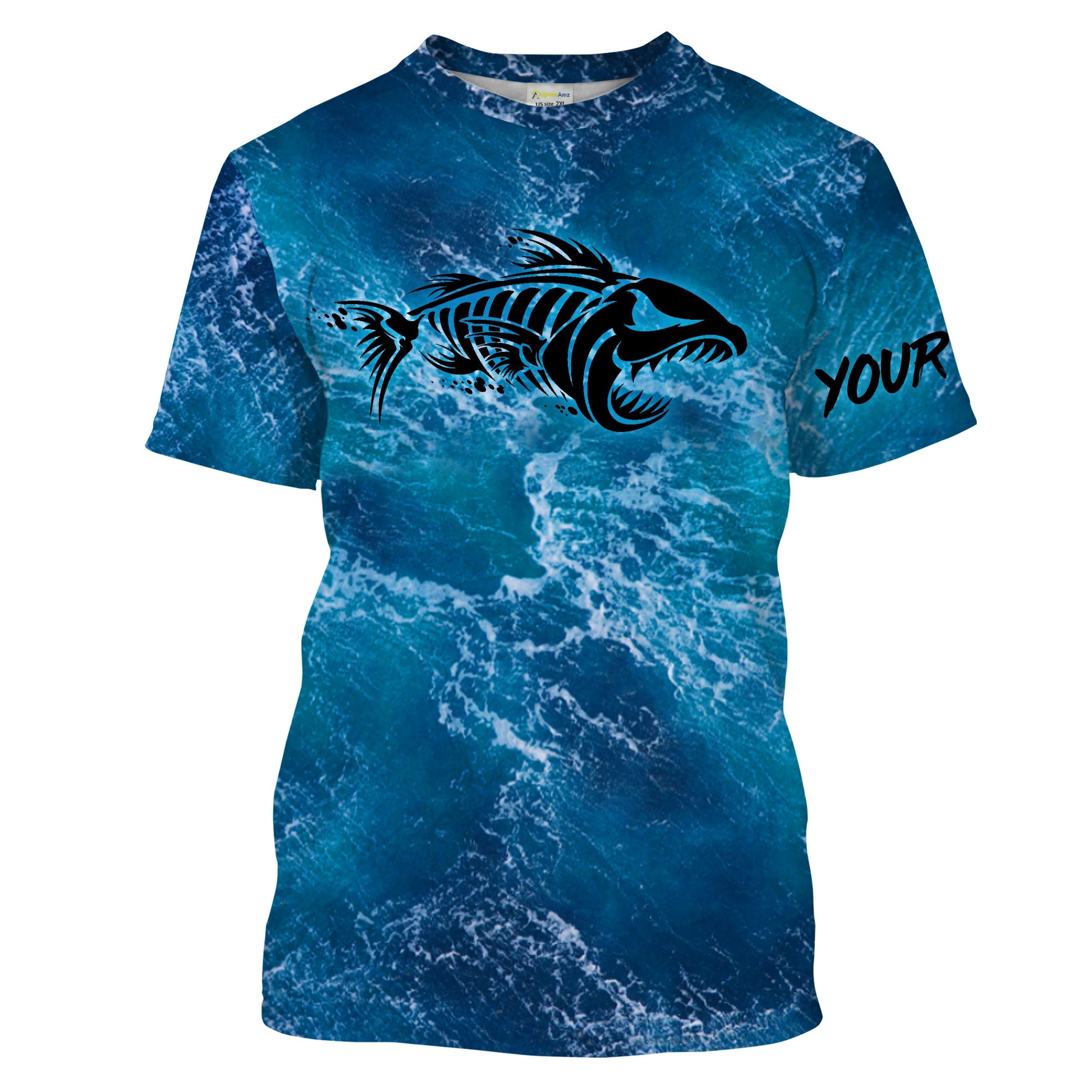 Custom blue ocean fish bone Saltwater Long sleeve Fishing UV Protection, Sea wave camo Fishing - NQS2079