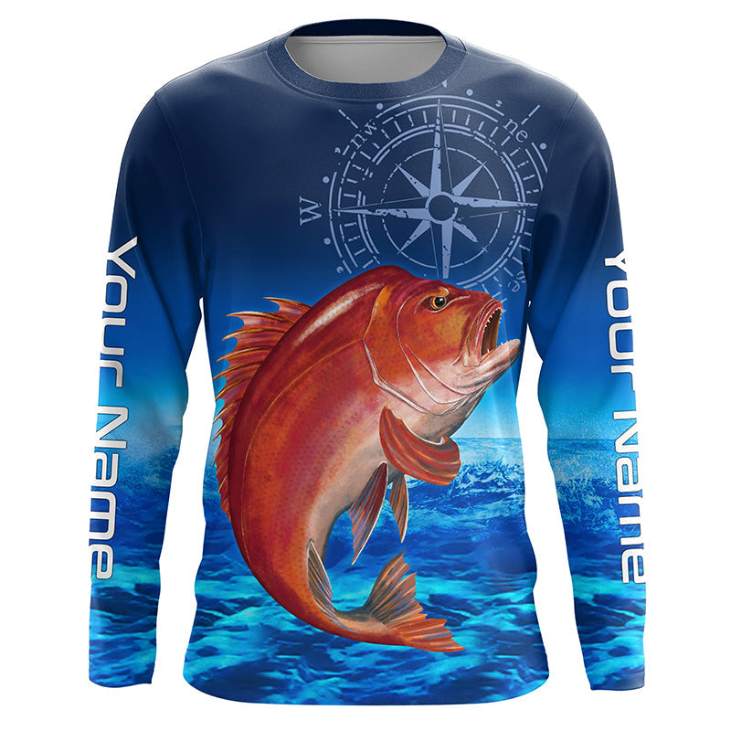Personalized Red snapper Blue Long Sleeve Performance Fishing, compass tournament NQS5903
