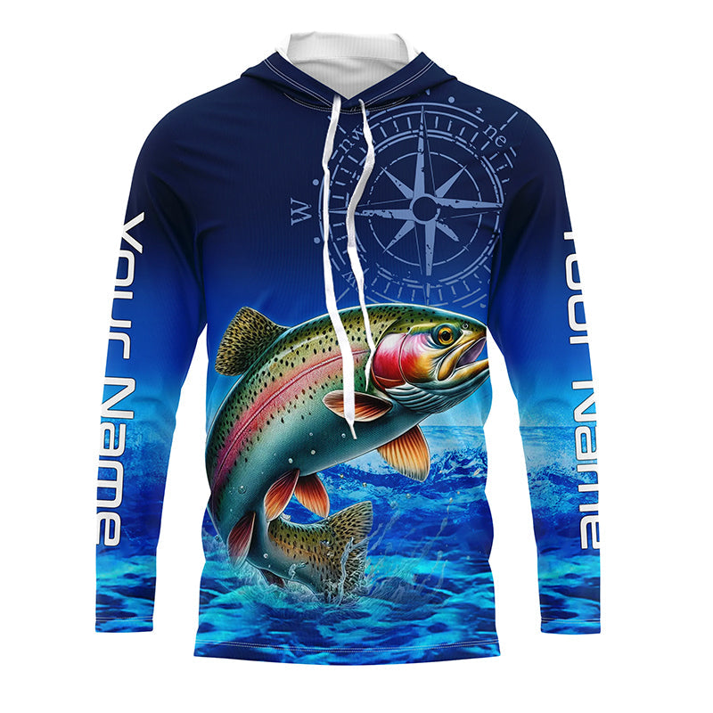 Personalized Rainbow trout Blue Long Sleeve Performance Fishing, compass tournament NQS5904
