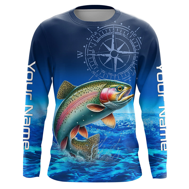Personalized Rainbow trout Blue Long Sleeve Performance Fishing, compass tournament NQS5904