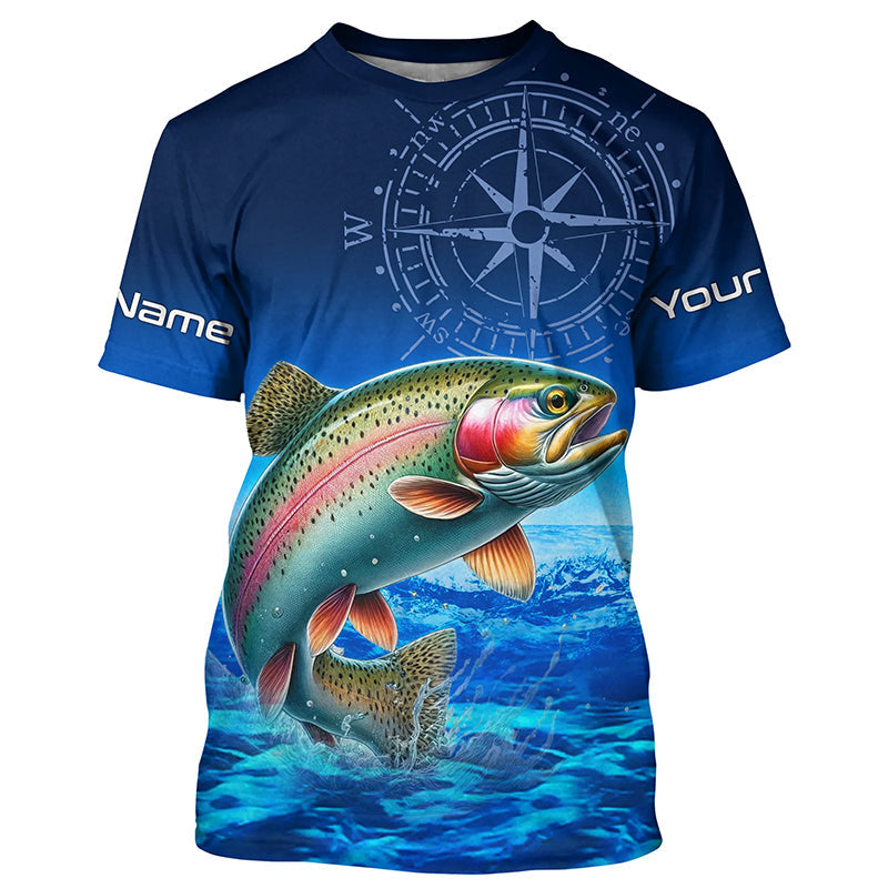 Personalized Rainbow trout Blue Long Sleeve Performance Fishing, compass tournament NQS5904