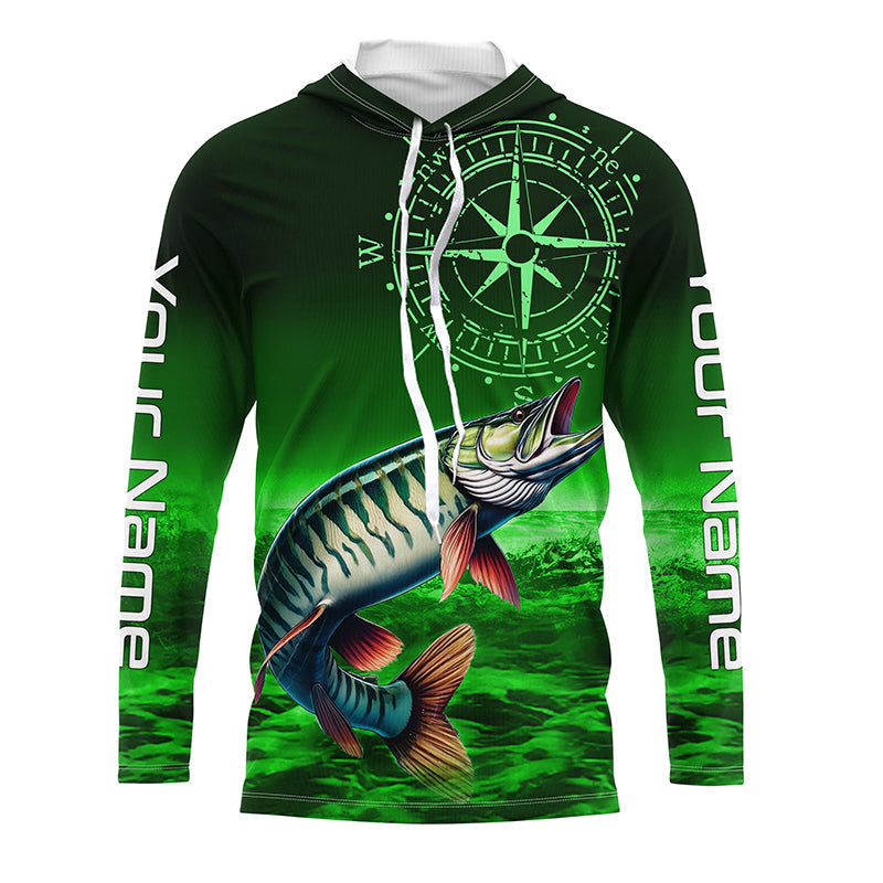 Personalized Musky Green Long Sleeve Performance Fishing, Muskie compass tournament NQS6333