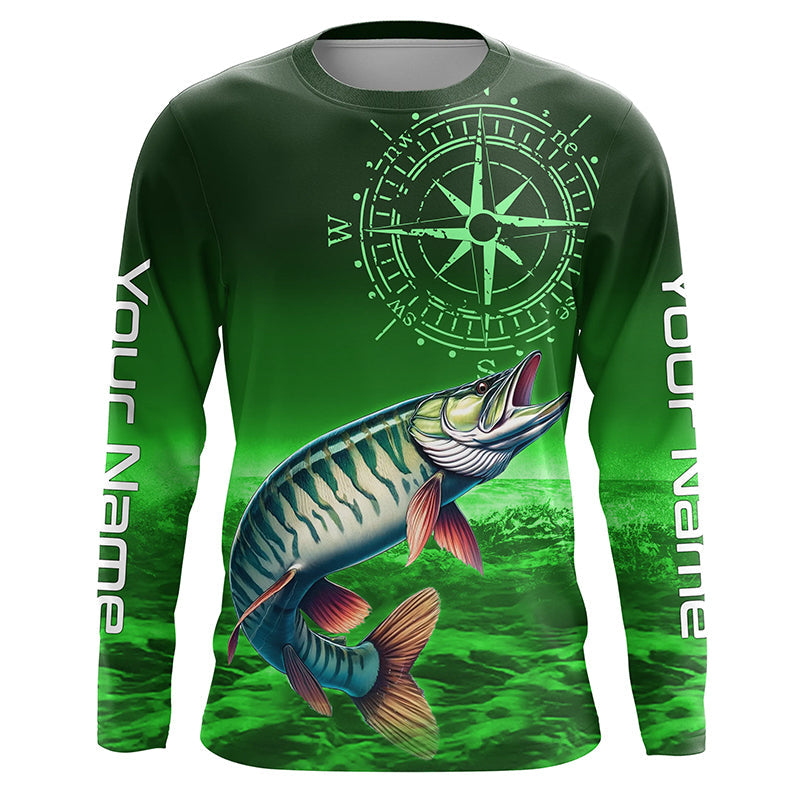 Personalized Musky Green Long Sleeve Performance Fishing, Muskie compass tournament NQS6333